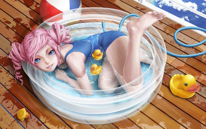 Pink-haired Girl in Pool — Blue, Playful, Summer, Digital Art