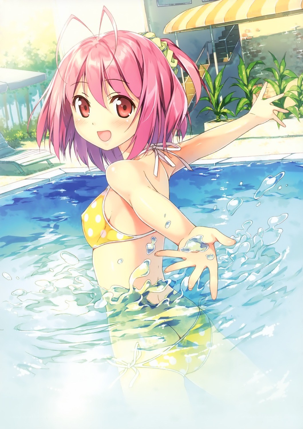 Pink-haired girl in pool