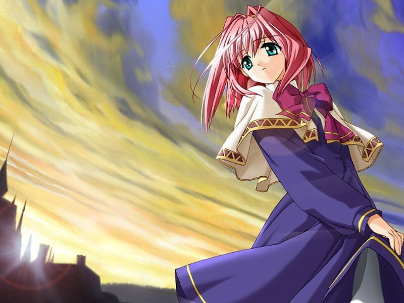 pink-haired girl in purple dress