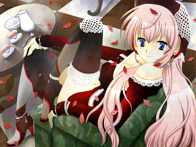 pink-haired girl in red dress
