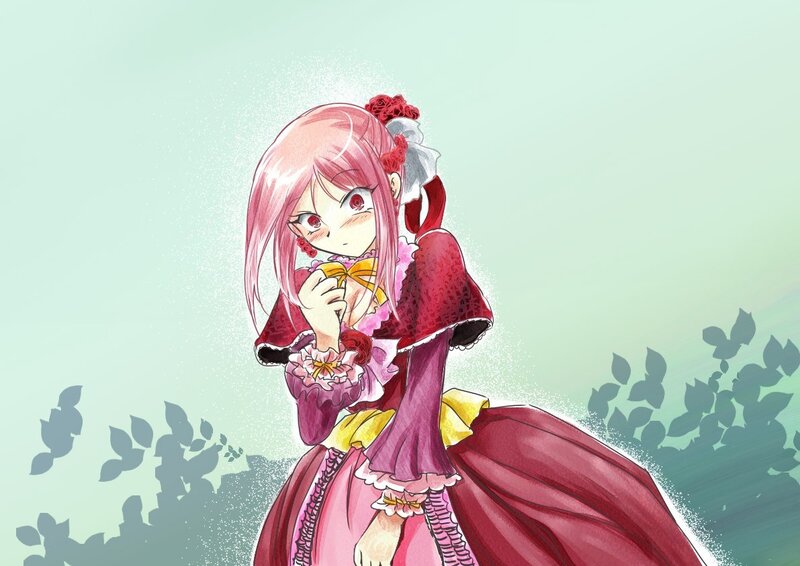 pink-haired girl in red dress