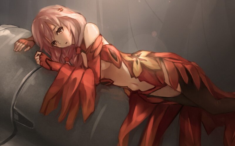 pink-haired girl in red dress