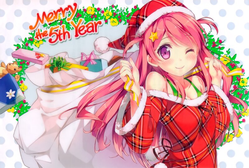 Pink-haired Girl in Santa Outfit — Red, Festive, Winter, Anime, Gifts, Wreath