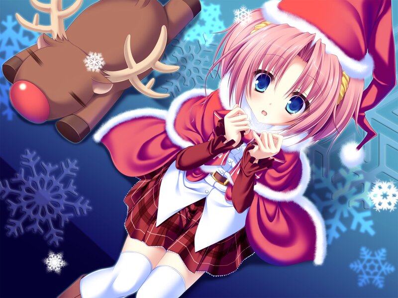 Pink-haired Girl in Santa Outfit — Red, Festive, Winter, Anime, Reindeer, Snowflakes