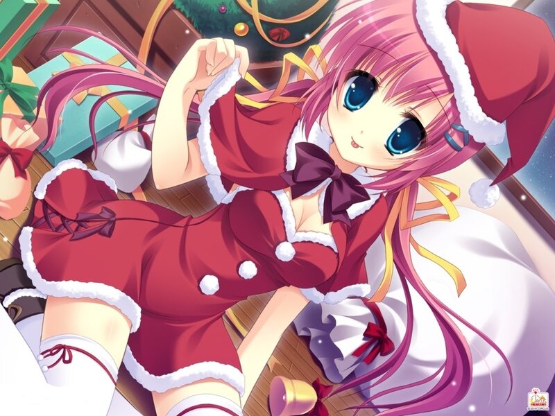 Pink-haired Girl in Santa Outfit — Red, Festive, Winter, Anime, Santa Hat, Christmas Tree