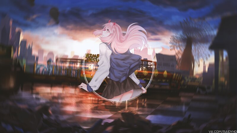 Pink-haired Girl in School Uniform — Pink, Dramatic, Sunset