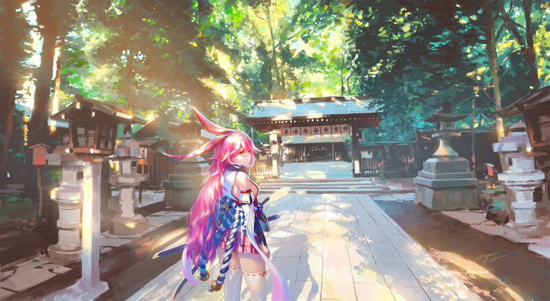 Pink-haired Girl in Shrine