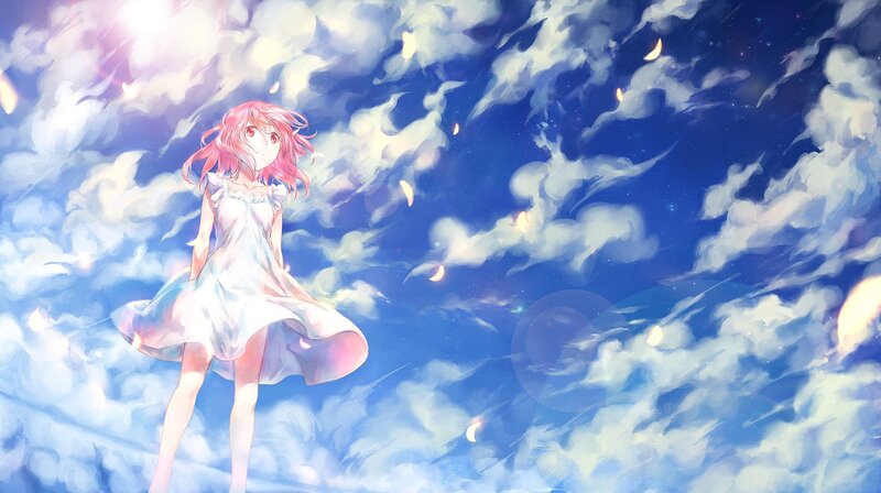 pink-haired girl in sky