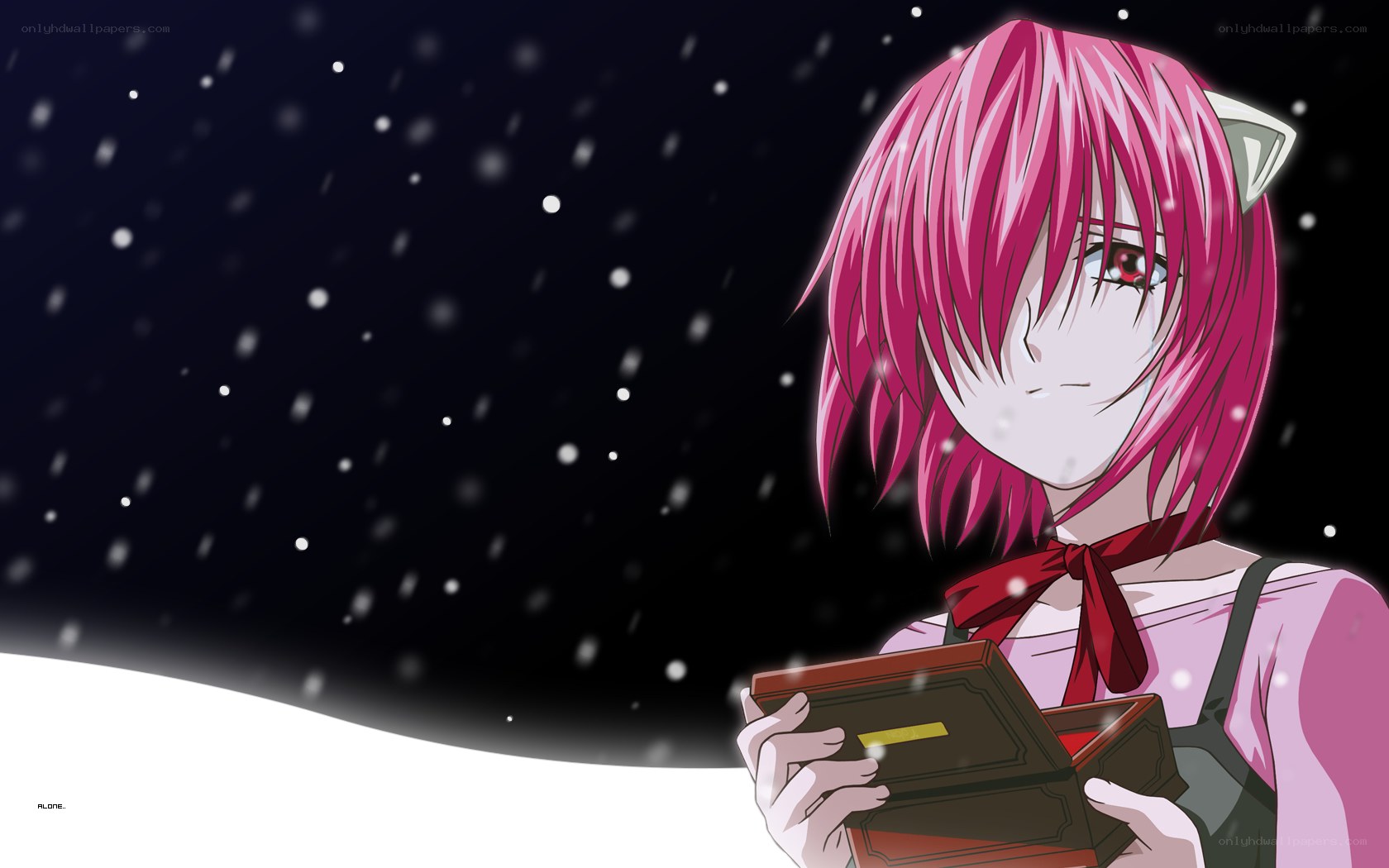 pink-haired girl in snow