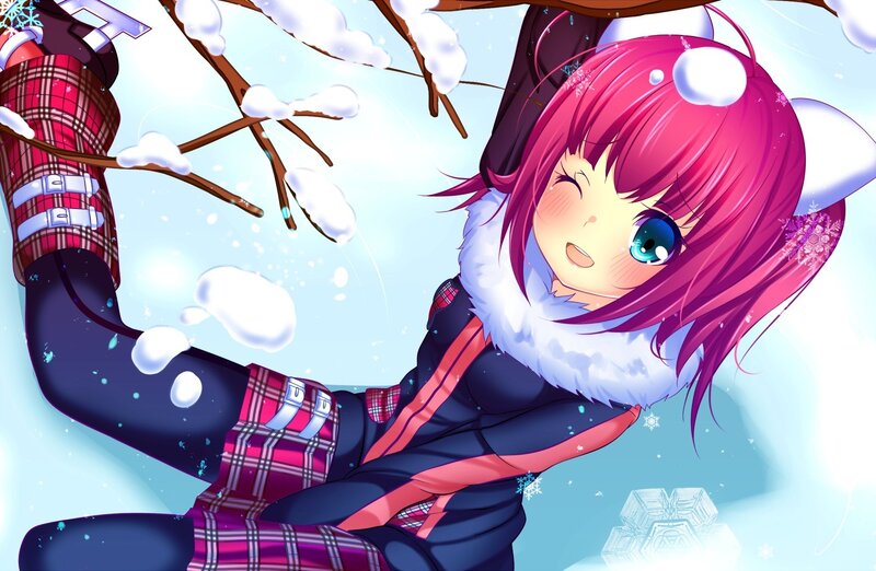 Pink-haired Girl in Snow — Pink, Playful, Winter, Anime