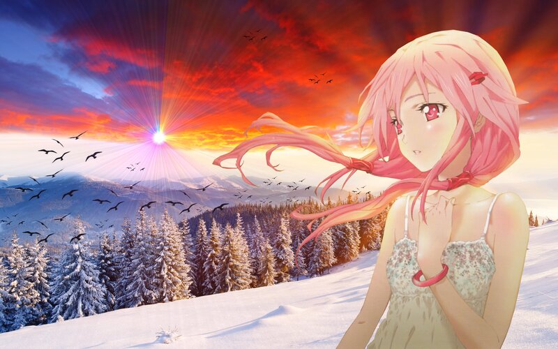 Pink-haired Girl in Snow — Red, Dramatic, Sunset, Anime