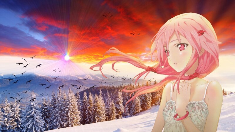 Pink-haired Girl in Snow — Red, Dramatic, Sunset