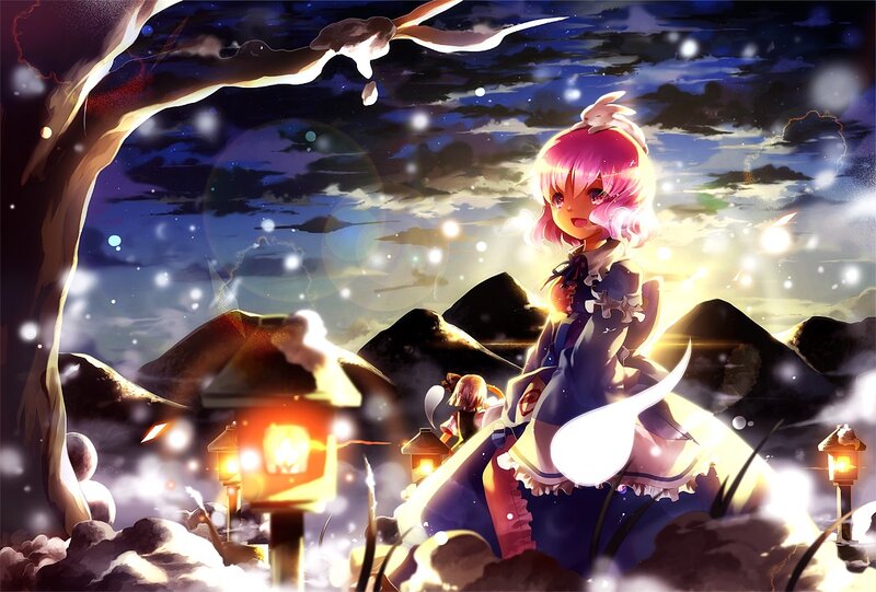 Pink-haired girl in snowy night