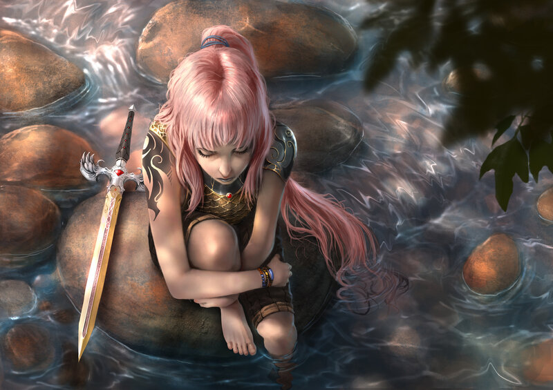 Pink-haired Girl in Stream