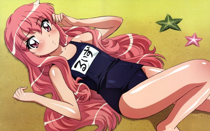 pink-haired girl in swimsuit