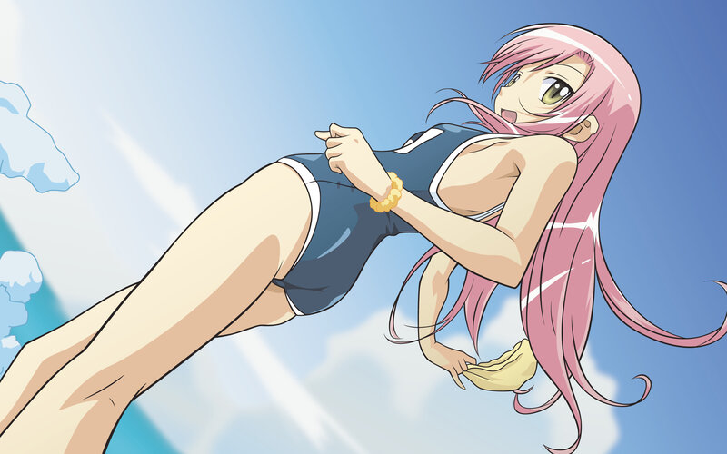 pink-haired girl in swimsuit