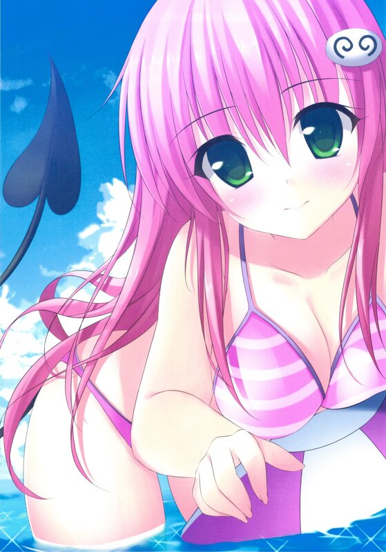 pink-haired girl in swimsuit