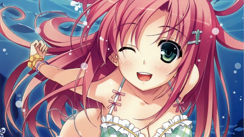 pink-haired girl in swimsuit