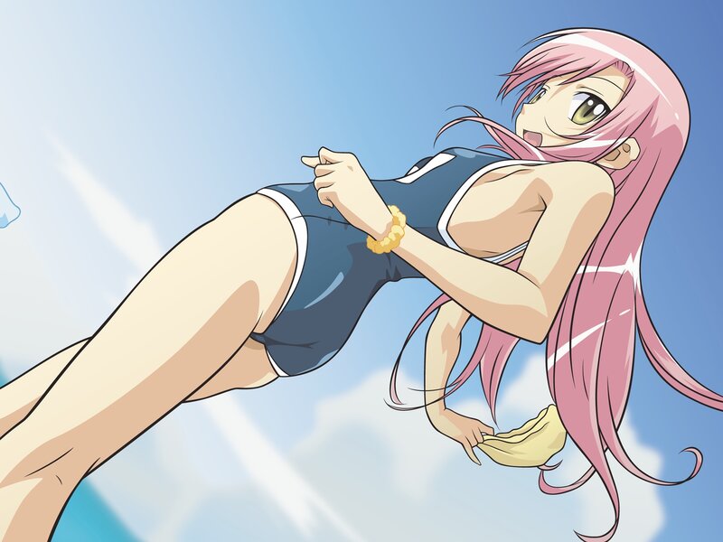 pink-haired girl in swimsuit