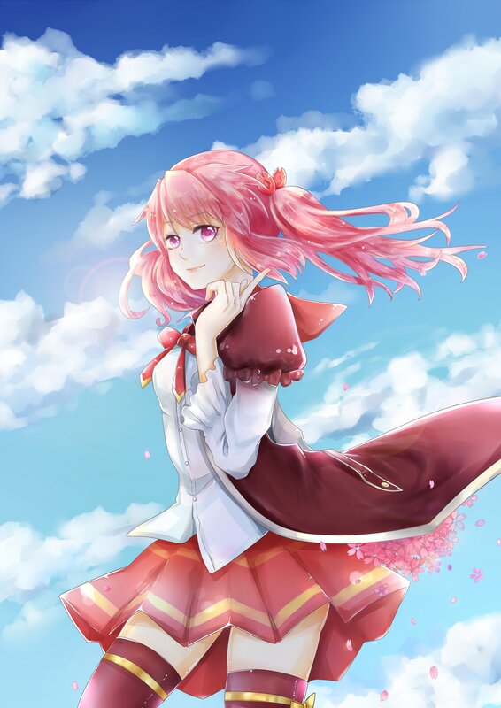 Pink-haired Girl in Uniform — Blue, Cheerful, Spring
