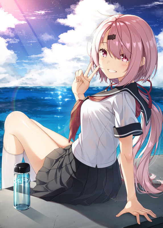 Pink-haired Girl in Uniform — Blue, Serene, Afternoon, Anime