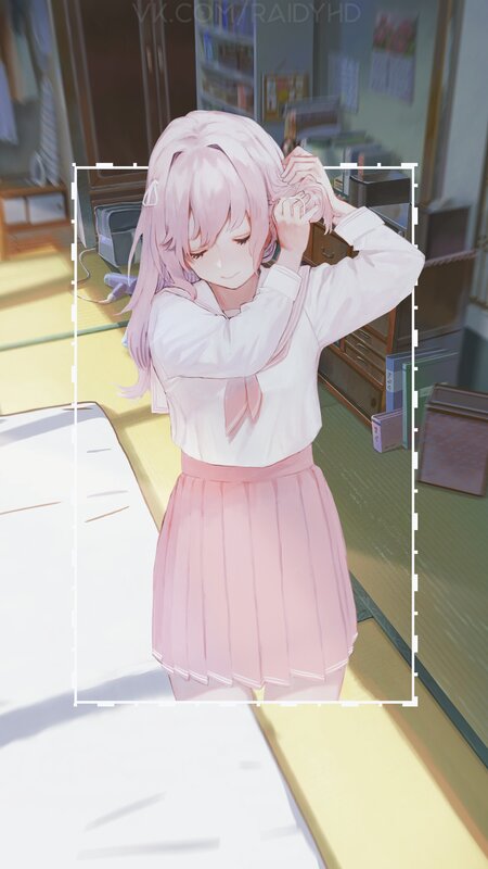 Pink-haired Girl in Uniform — Pink, Calm, Morning