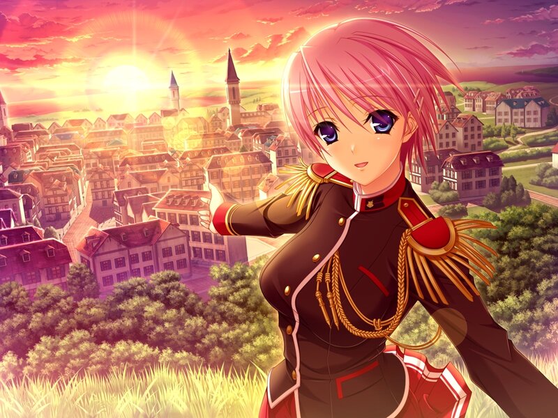 Pink-haired Girl in Uniform — Pink, Dramatic, Sunrise