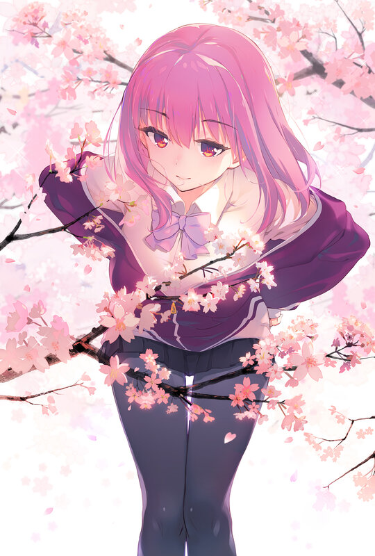 Pink-haired Girl in Uniform — Pink, Serene, Spring, Anime, Cherry Blossoms, School Uniform