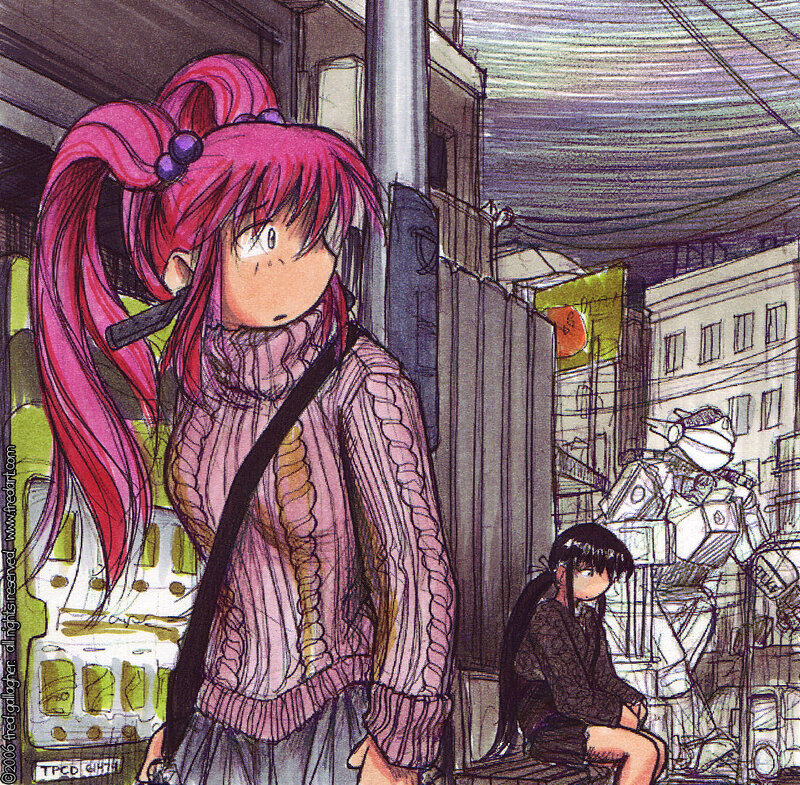 Pink-haired girl in urban setting