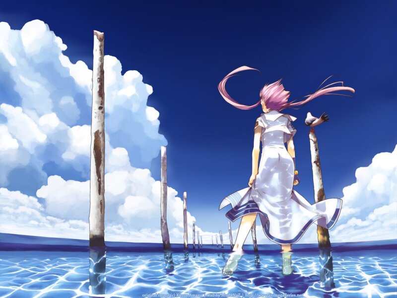 Pink-haired Girl in Water — Blue, Serene, Afternoon, Anime
