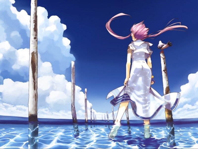 Pink-haired Girl in Water — Blue, Serene, Afternoon