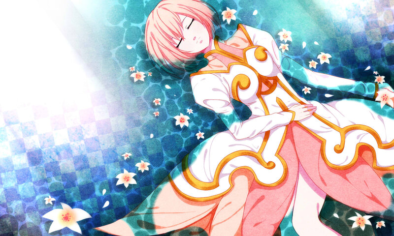 Pink-haired Girl in Water — Blue, Serene, Anime, Flowers