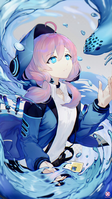 Pink-haired Girl in Water — Blue, Serene, Digital Art