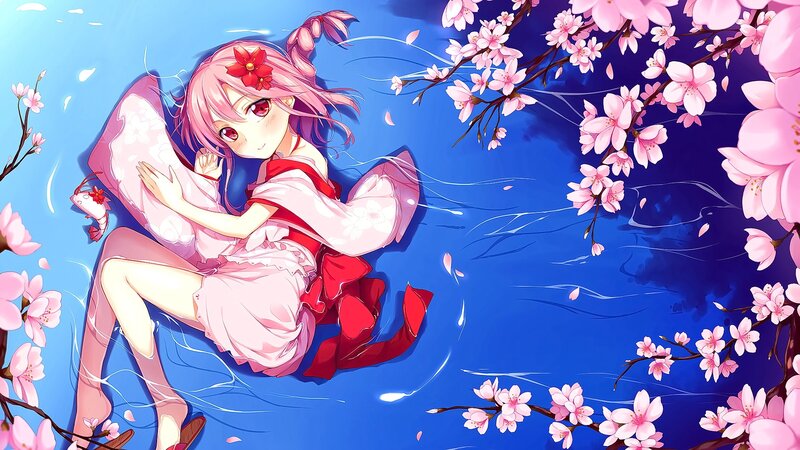 Pink-haired Girl in Water — Blue, Serene, Spring, Anime, Cherry Blossoms