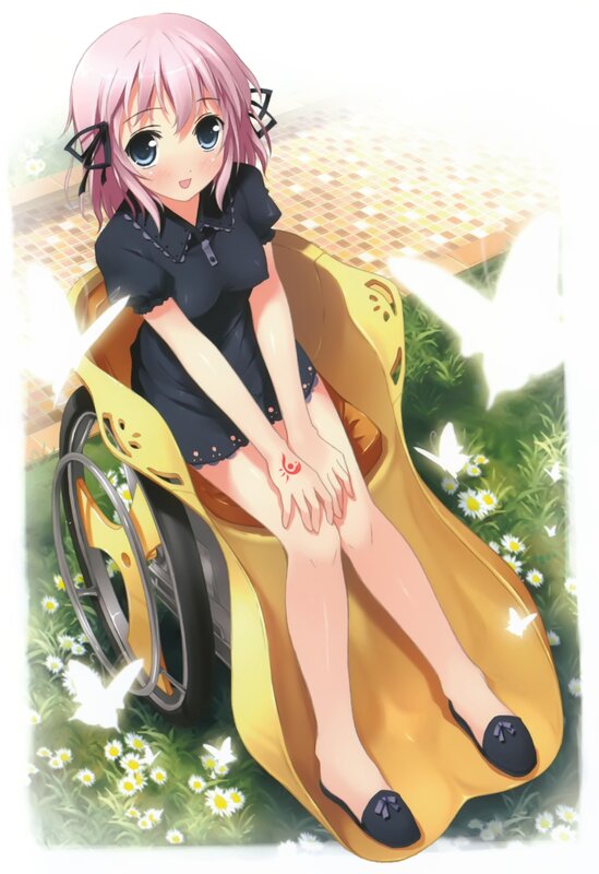pink-haired girl in wheelchair
