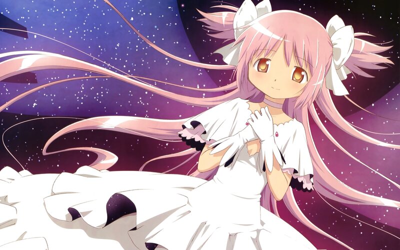 pink-haired girl in white dress