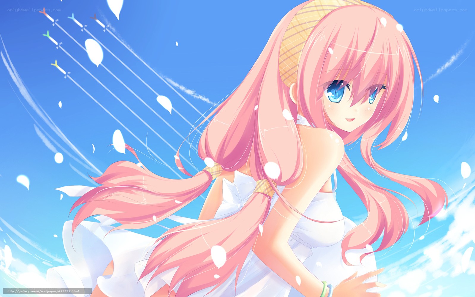 Pink-haired girl in white dress