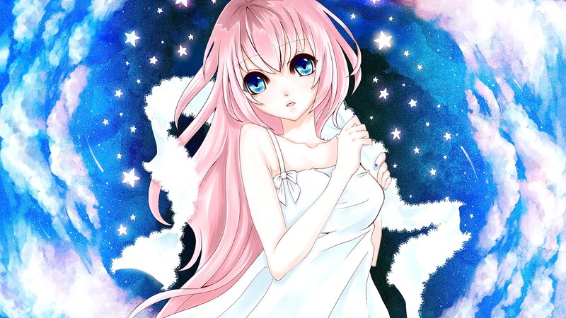 Pink-haired Girl in White Dress — Blue, Serene, Night