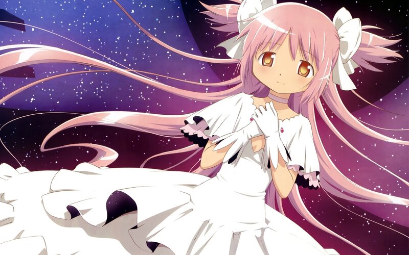 pink-haired girl in white dress
