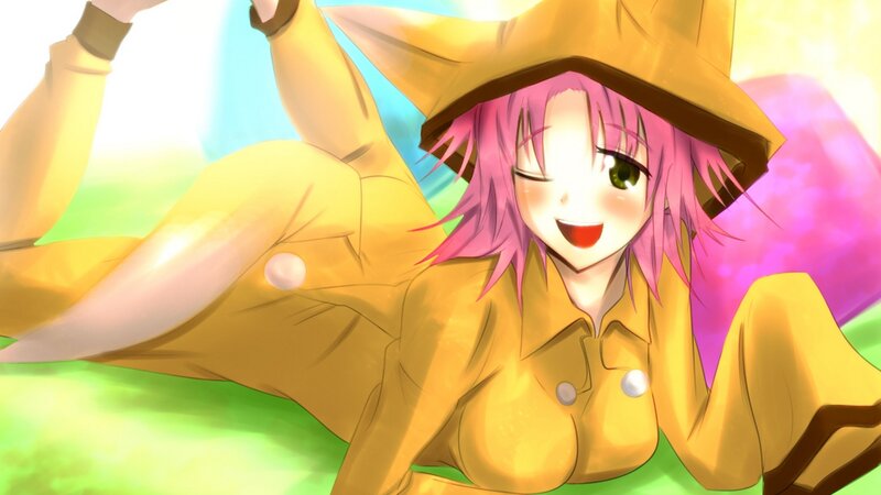 pink-haired girl in yellow coat
