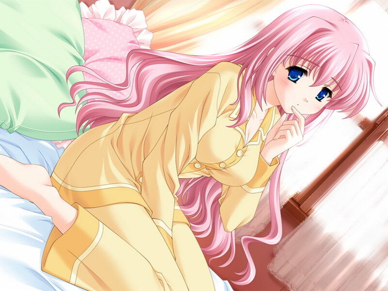 pink-haired girl in yellow pajamas