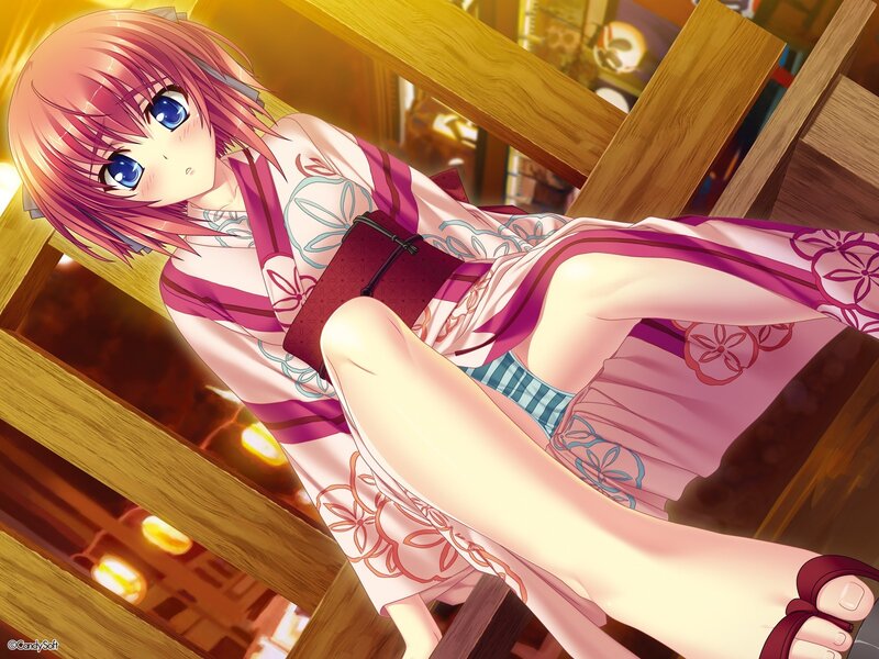 pink-haired girl in yukata