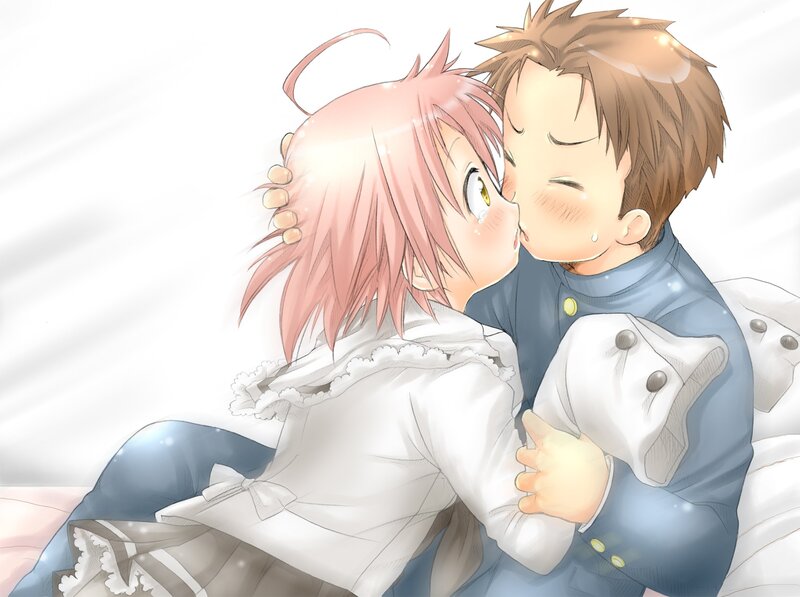 Pink-haired Girl Kissing Boy — White, Affectionate