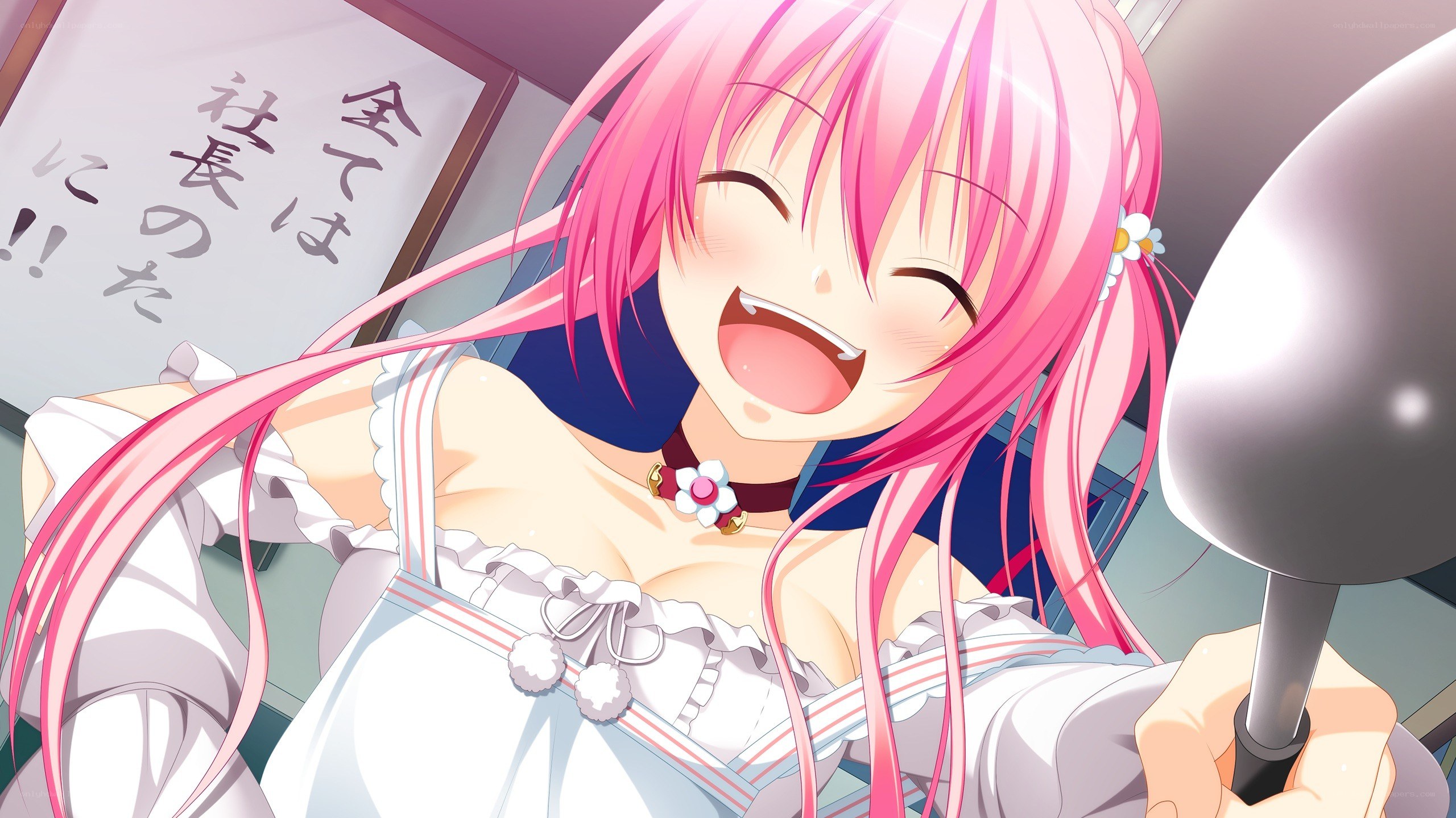 pink-haired girl laughing