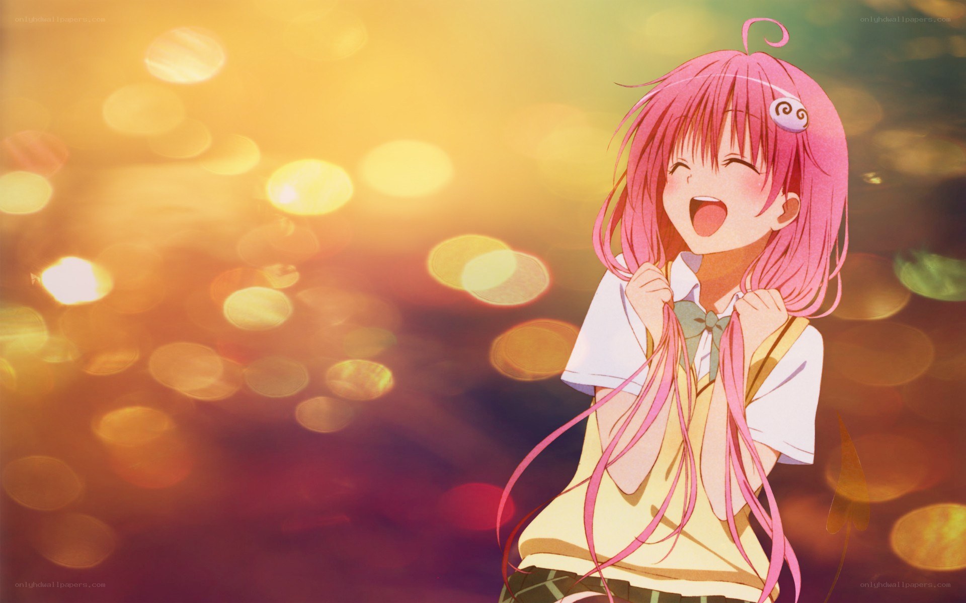 pink-haired girl laughing