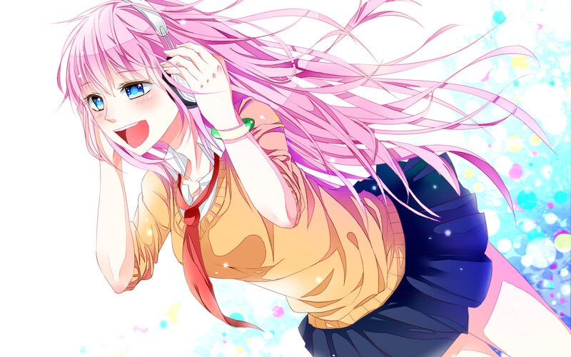pink-haired girl listening to music