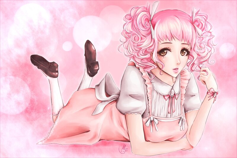 Pink-haired Girl Lying Down — Pink, Dreamy, Anime, Dress