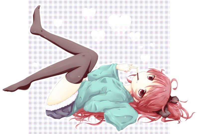 Pink-haired Girl Lying Down — Red, Playful, Anime, Heart Shapes