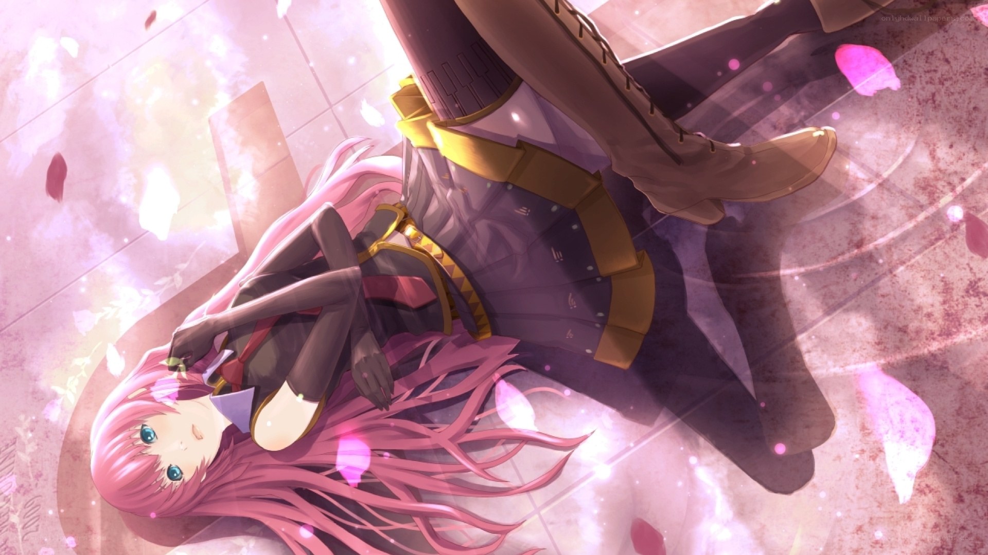 pink-haired girl lying on ground