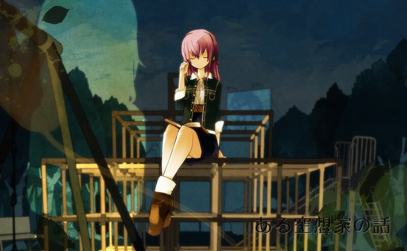 Pink-haired girl on a bench